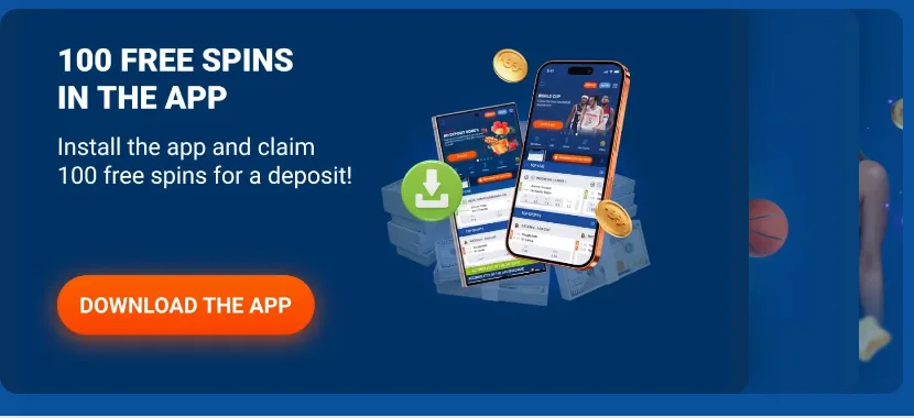Banner Mostbet aplikace se 100 free spiny a tlačítkem ke stažení