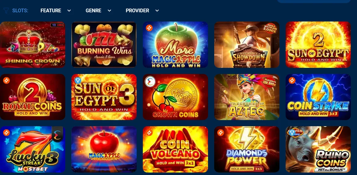 Mostbet casino: nabídka výherních automatů s filtrem podle funkce, žánru a poskytovatele