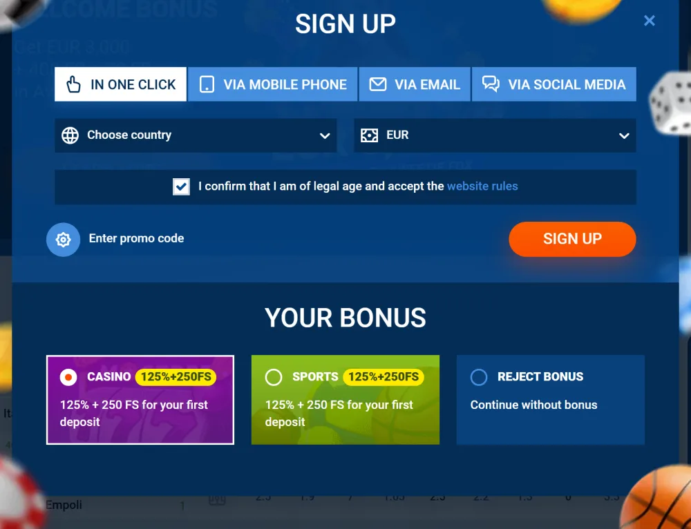 Registrační formulář Mostbet se čtyřmi metodami registrace a volbou uvítacího bonusu 125 % + 250 FS