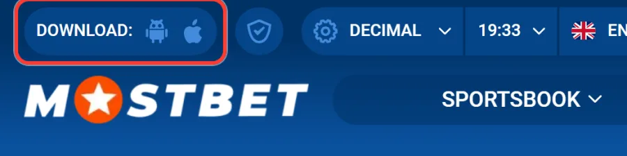Tlačítko stáhnout Mostbet aplikaci pro Android a iOS v horní liště webu